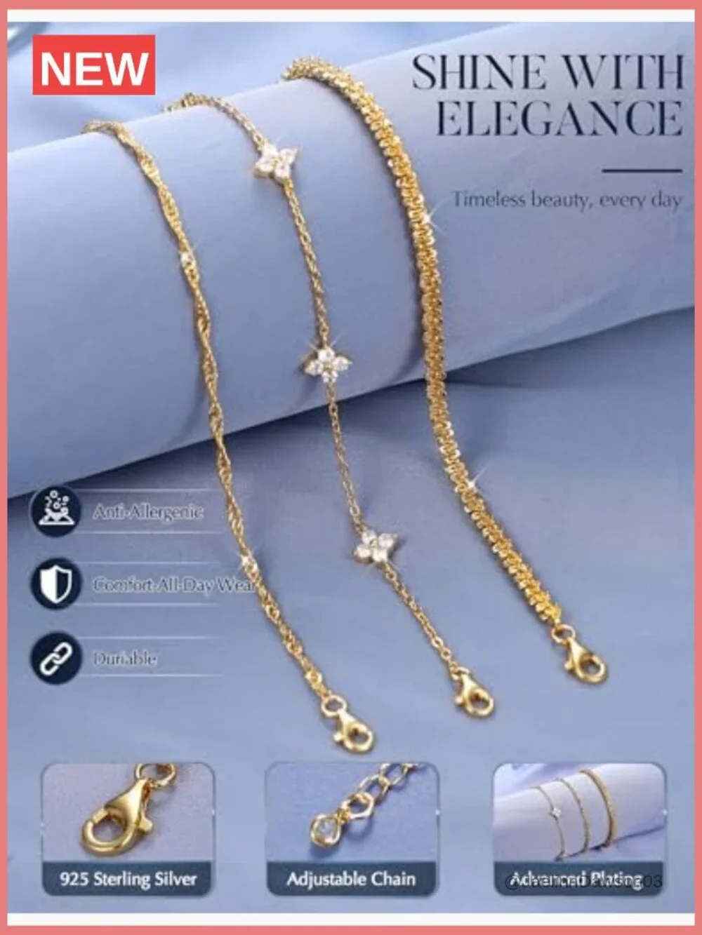 3pc Sterling Silver Stackable Bracelet Set Adjustable Link Chain Cubic Zirconia